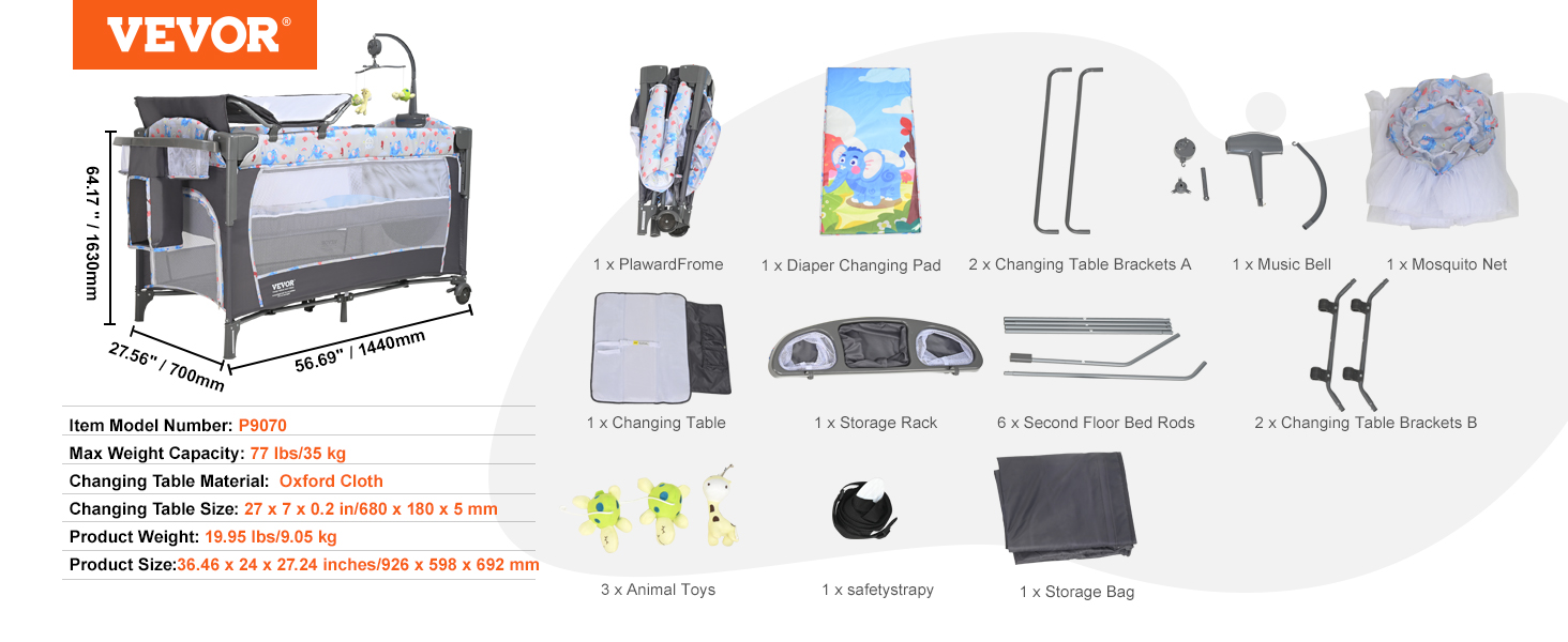 VEVOR baby bassinet with storage rack, changing table, and accessories including toys and mosquito net.