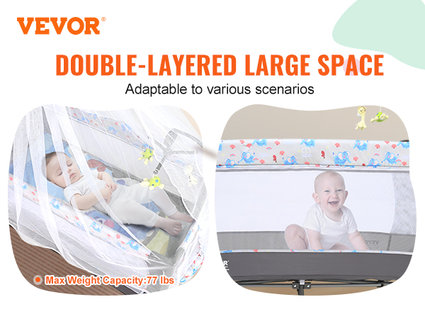 VEVOR baby bassinet with double-layered space, adaptable for various scenarios, max weight capacity 77 lbs.