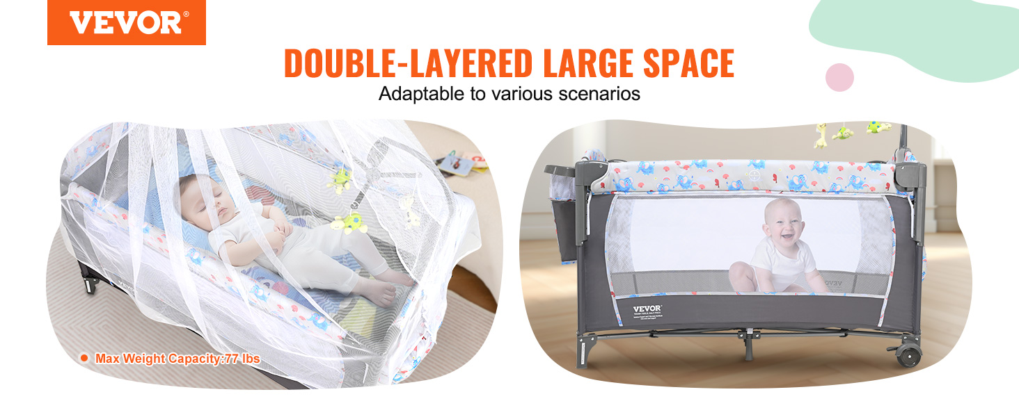 VEVOR baby bassinet with double-layered space, adaptable for various scenarios, max weight capacity 77 lbs.