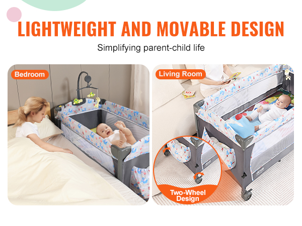 lightweight and movable VEVOR baby bassinet for bedroom and living room use, featuring a two-wheel design.