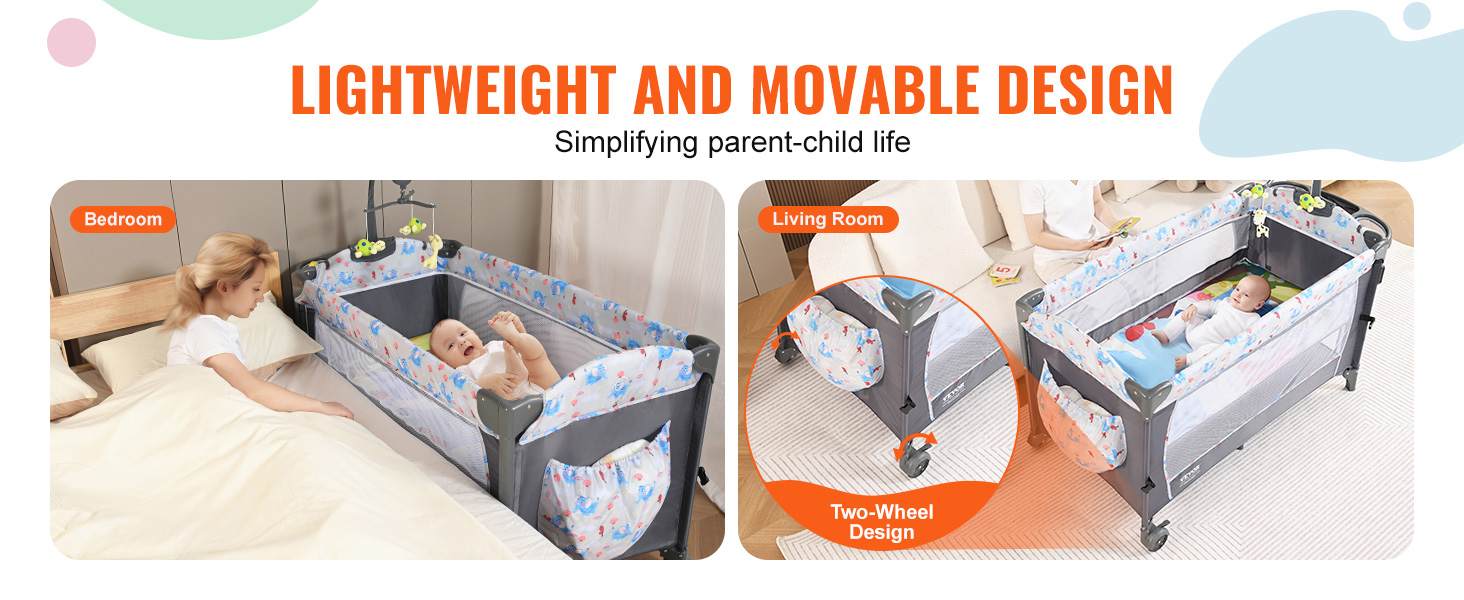 lightweight and movable VEVOR baby bassinet for bedroom and living room use, featuring a two-wheel design.