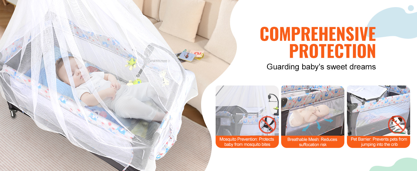 VEVOR baby bassinet with mosquito net, breathable mesh, and pet barrier for comprehensive protection.