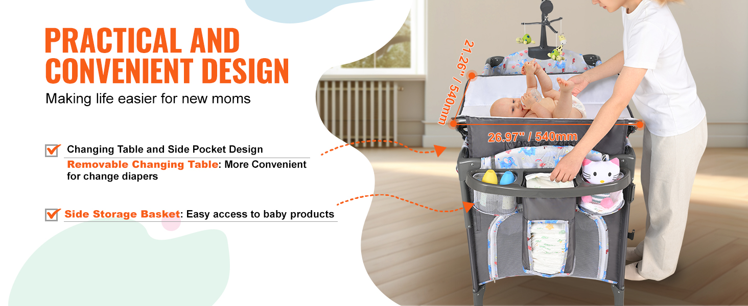 VEVOR baby bassinet with changing table, storage basket, and side pocket design for new moms.