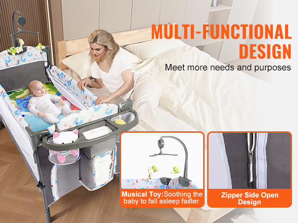 VEVOR baby bassinet showcasing multi-functional design, musical toy, and zipper side open design.