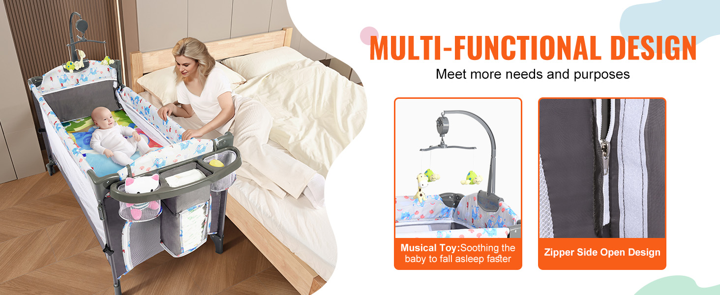 VEVOR baby bassinet showcasing multi-functional design, musical toy, and zipper side open design.