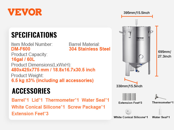 VEVOR beer brew fermentor stainless steel, 60l capacity, dm-f600 model with accessories and dimensions.