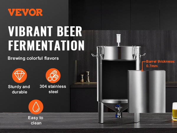VEVOR beer brew fermentor in stainless steel, sturdy and durable, with beer glasses on a modern kitchen counter.