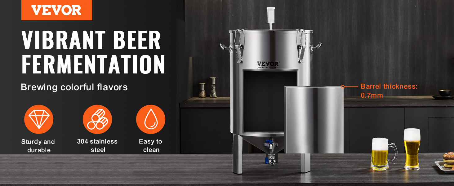VEVOR beer brew fermentor in stainless steel, sturdy and durable, with beer glasses on a modern kitchen counter.