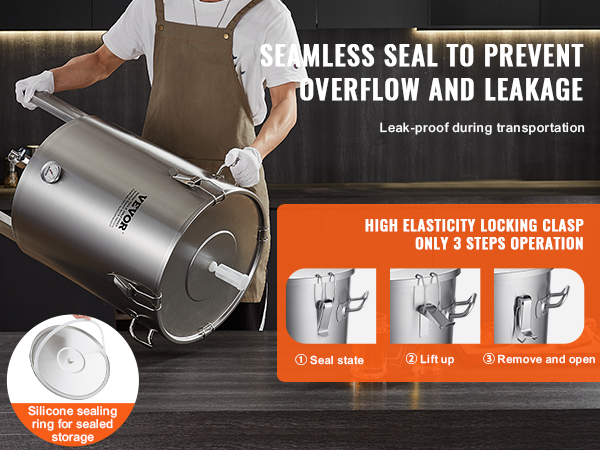 VEVOR beer brew fermentor showcased with seamless seal, high elasticity locking clasp, and silicone ring.