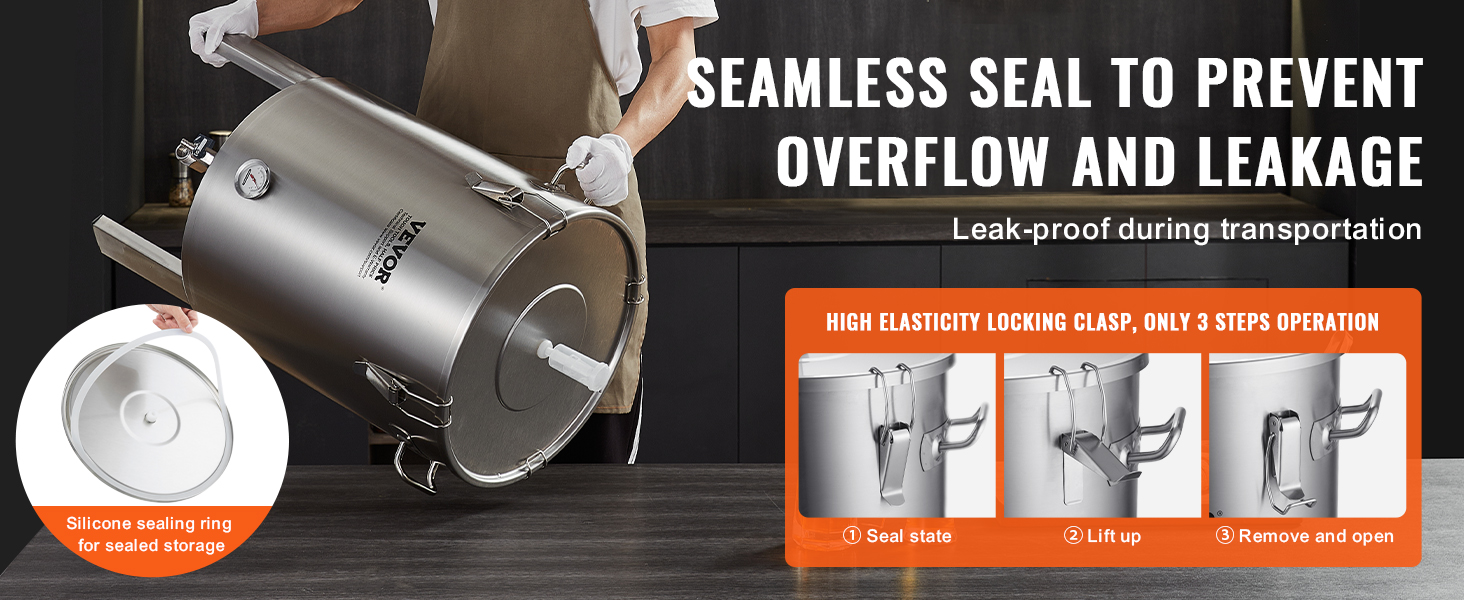 VEVOR beer brew fermentor showcased with seamless seal, high elasticity locking clasp, and silicone ring.