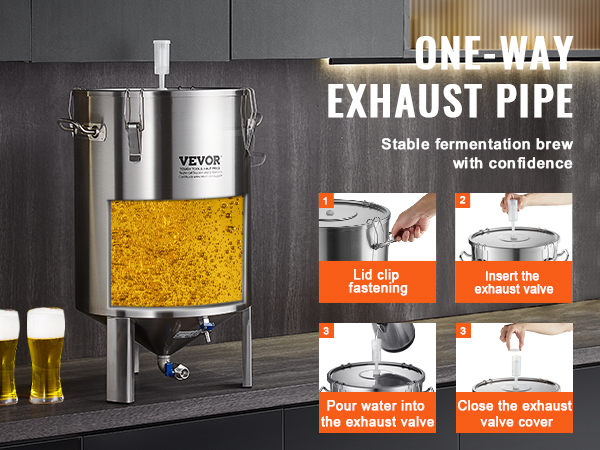 VEVOR beer brew fermentor with one-way exhaust pipe for stable fermentation, shown with two filled glasses.