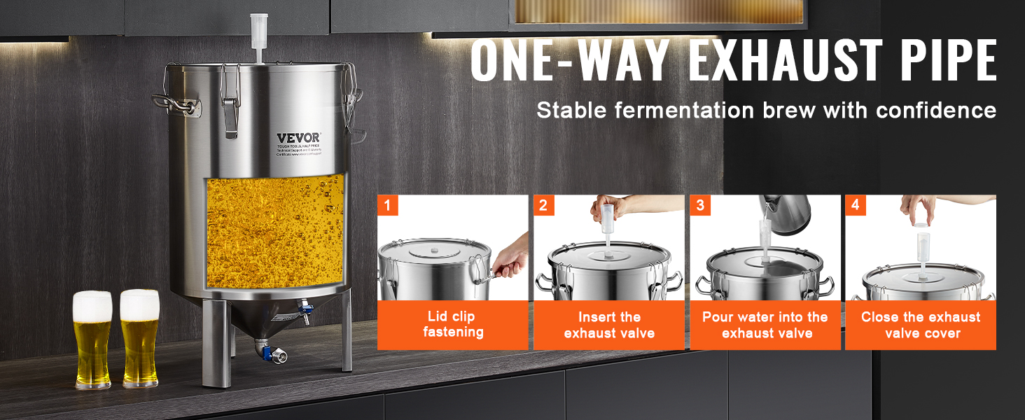 VEVOR beer brew fermentor with one-way exhaust pipe for stable fermentation, shown with two filled glasses.