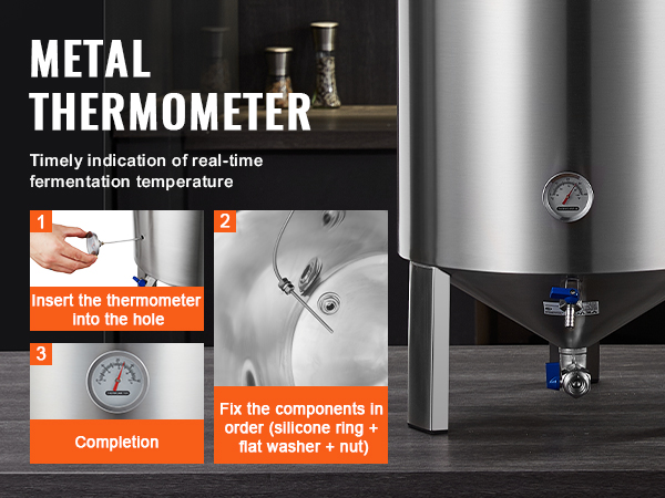 VEVOR beer brew fermentor with metal thermometer for real-time fermentation temperature monitoring.