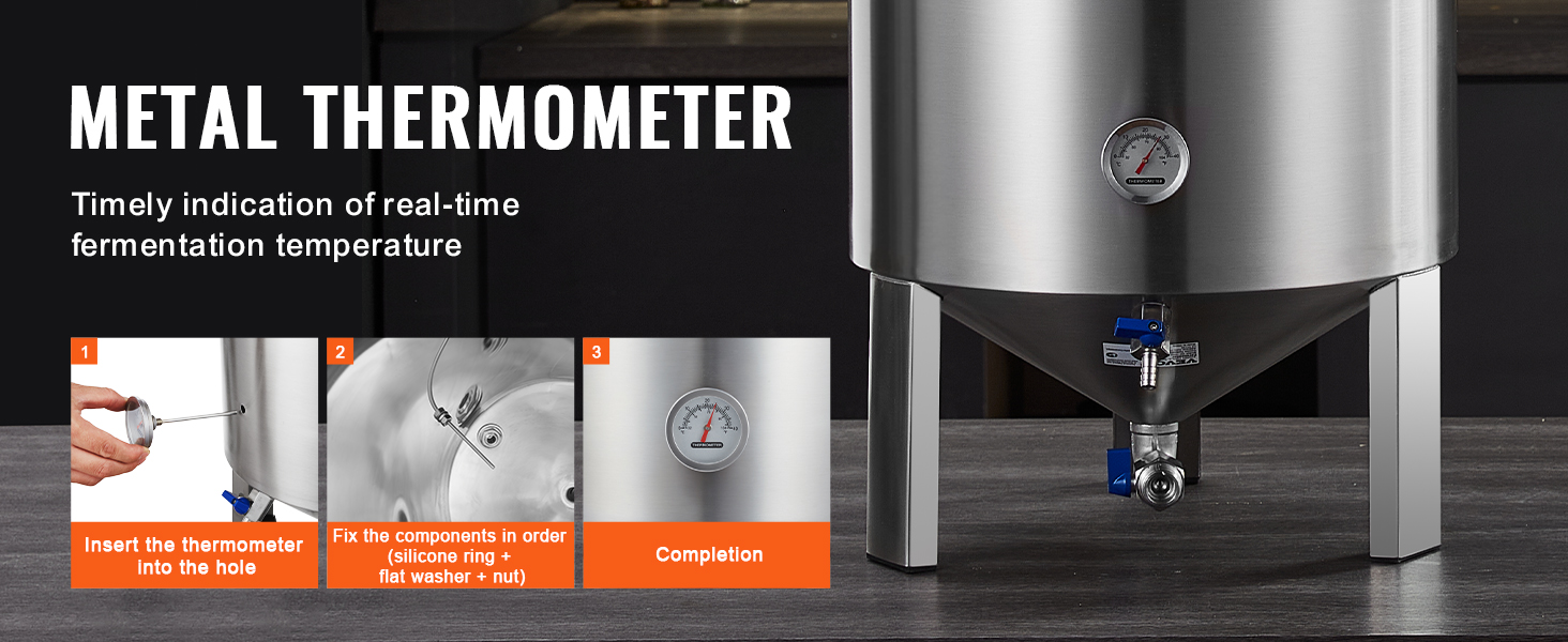 VEVOR beer brew fermentor with metal thermometer for real-time fermentation temperature monitoring.