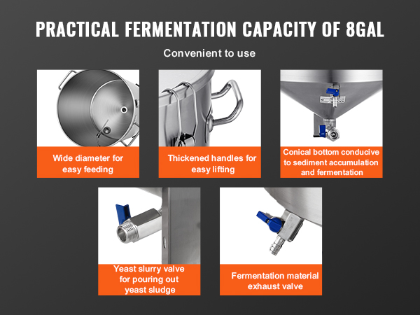 VEVOR beer brew fermentor, 8-gallon capacity, wide diameter, thick handles, conical bottom, slurry valve.