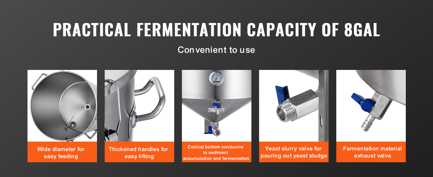VEVOR beer brew fermentor, 8-gallon capacity, wide diameter, thick handles, conical bottom, slurry valve.