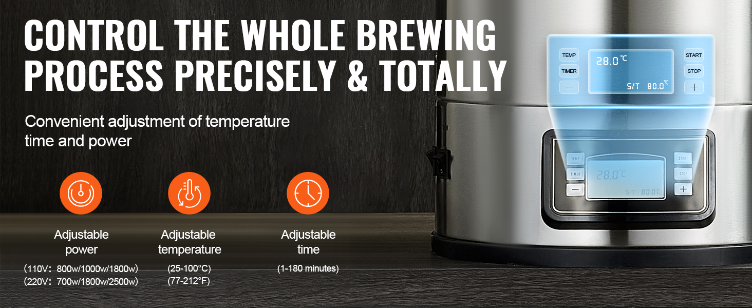 VEVOR elektriskā pagatavošanas sistēma ar regulējamu jaudu, temperatūru (25-100 °C) un laiku (1-180 min).