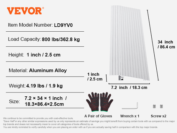 VEVOR door threshold ramp, aluminum alloy, 800 lbs capacity, size 7.2x34x1 inch, with accessories.