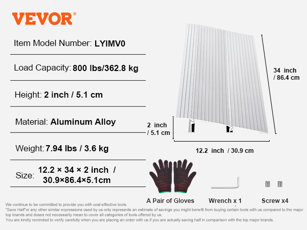 VEVOR door threshold ramp, aluminum alloy, 800 lbs capacity, 12.2 x 34 x 2 inches, includes tools and manual.