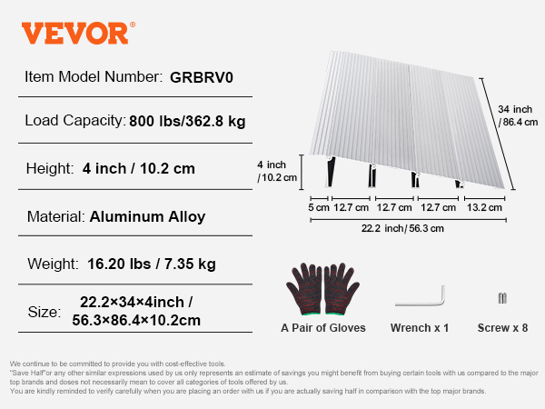 VEVOR door threshold ramp specifications with aluminum alloy material, 4-inch height, and 800 lbs capacity.