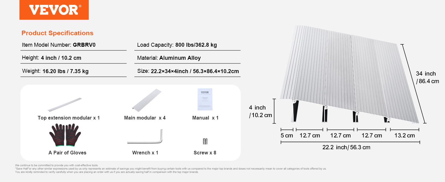 VEVOR door threshold ramp specifications with aluminum alloy material, 4-inch height, and 800 lbs capacity.