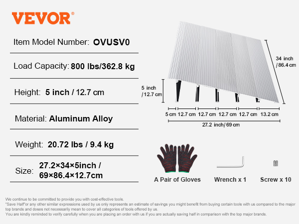VEVOR door threshold ramp, aluminum alloy, height 5 inch, load capacity 800 lbs, includes top extension and main modular.