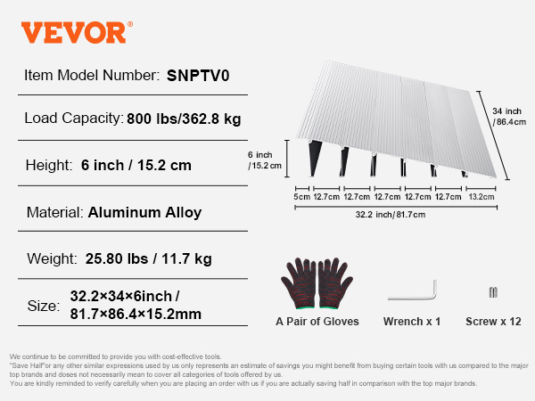 VEVOR door threshold ramp specifications: aluminum alloy, height 6 inches, load capacity 800 lbs.