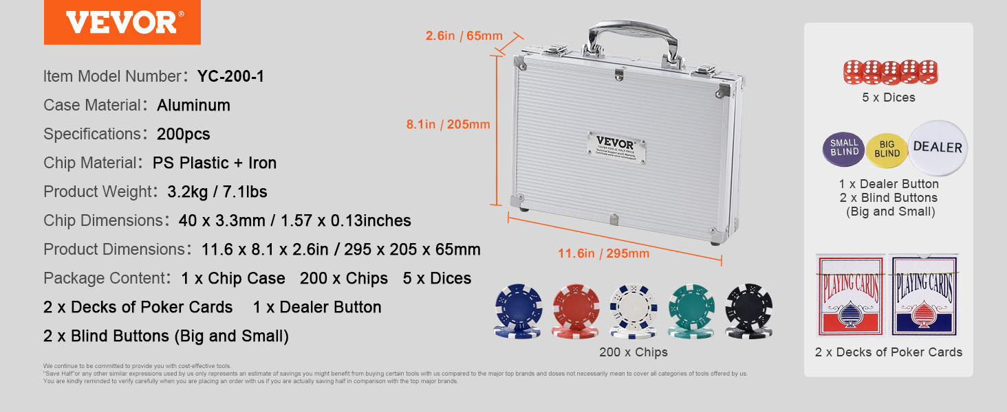 VEVOR poker chip set with aluminum case, 200 chips, 5 dice, 2 decks of cards, and dealer buttons.