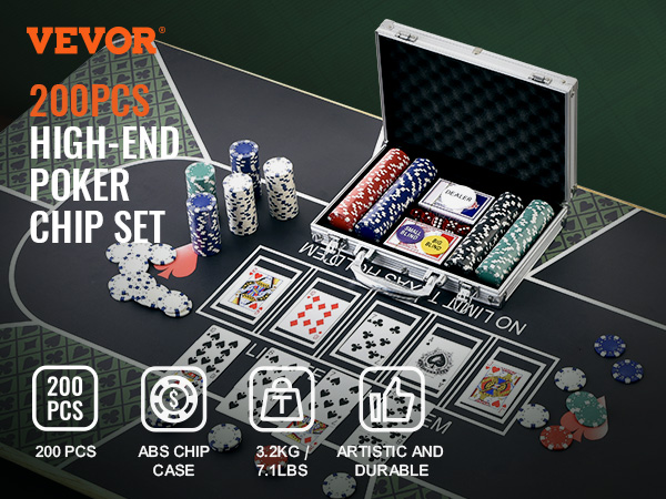VEVOR poker chip set with 200 pieces, aluminum case, and playing cards on a poker table.