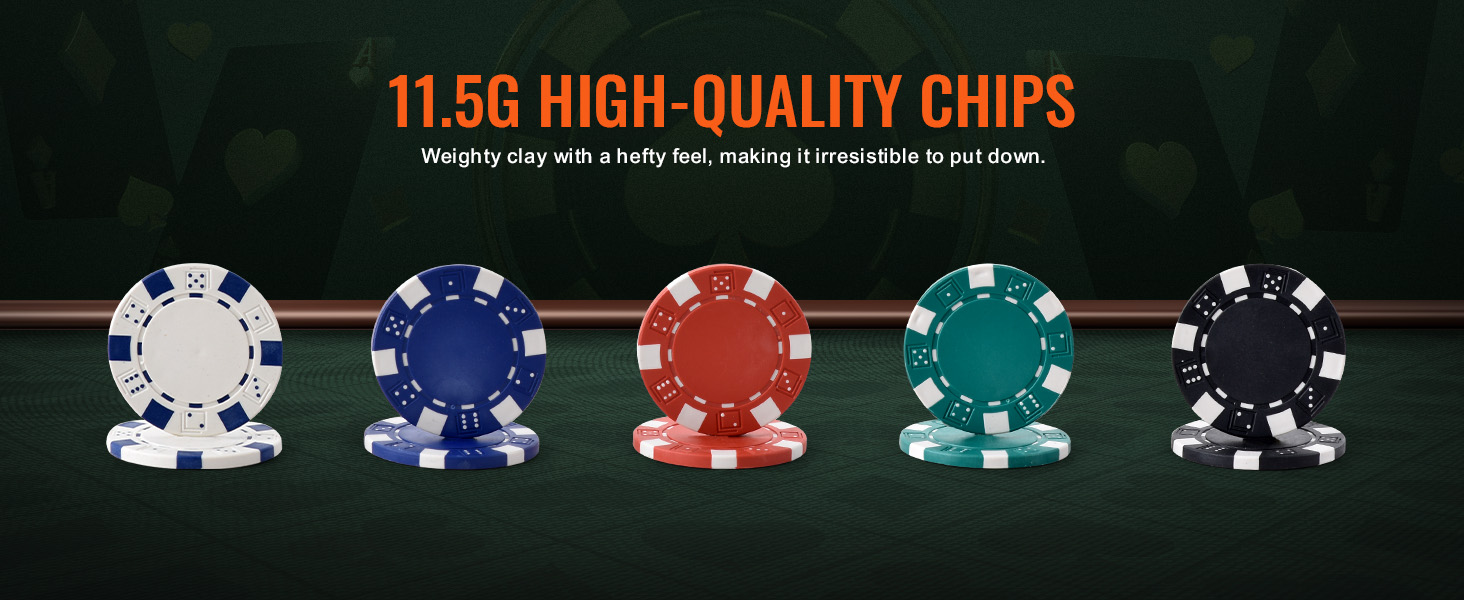 11.5g high-quality clay poker chips in blue, red, green, and black displaying VEVOR poker chip set.