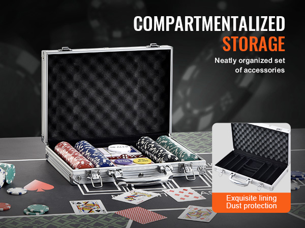 VEVOR poker chip set with aluminum case, colorful chips, cards, and accessories on a poker table.