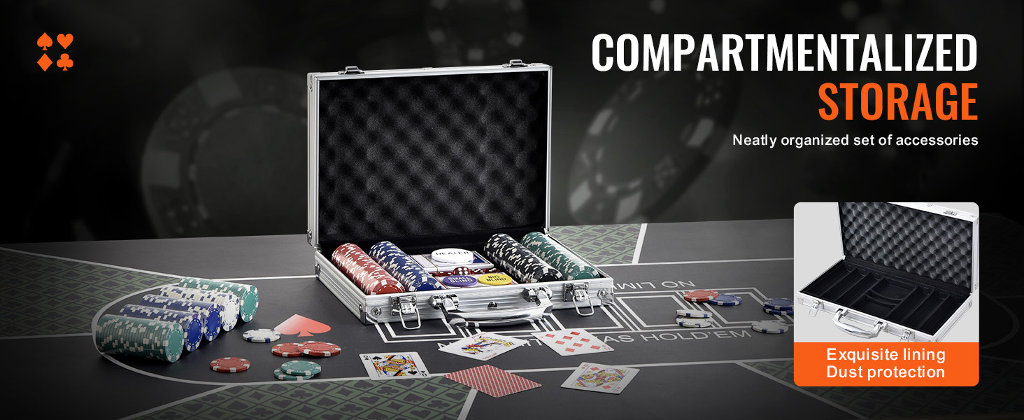 VEVOR poker chip set with aluminum case, colorful chips, cards, and accessories on a poker table.