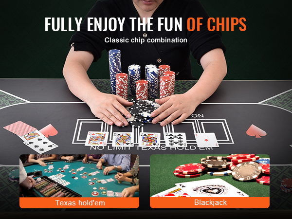 person playing poker with VEVOR poker chip set, showcasing chips, cards, and texas hold'em play mat.