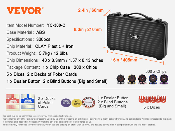 VEVOR poker chip set - 300 chips, 2 poker decks, 5 dices in a compact abs case with dealer buttons.