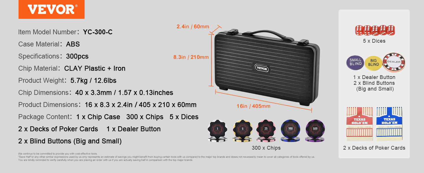 VEVOR poker chip set - 300 chips, 2 poker decks, 5 dices in a compact abs case with dealer buttons.