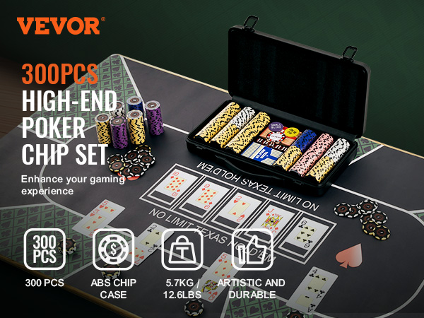 VEVOR poker chip set with 300pcs, displayed on a poker table with cards and abs chip case. enhance your game.