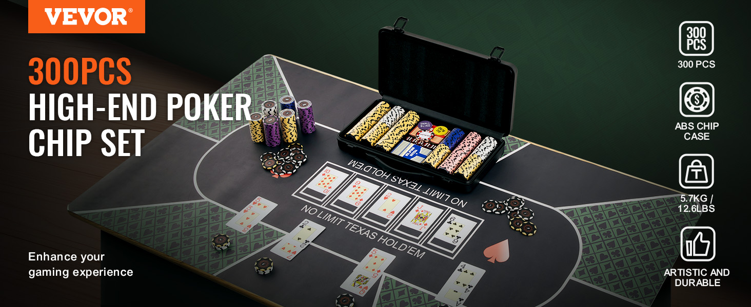 VEVOR poker chip set with 300pcs, displayed on a poker table with cards and abs chip case. enhance your game.