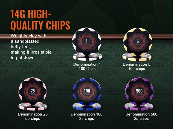 14g high-quality VEVOR poker chip set with denominations 1, 5, 25, 100, and 500.