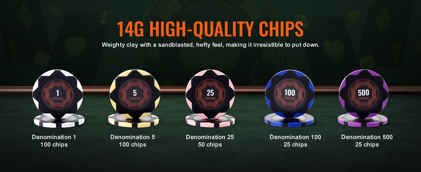 14g high-quality VEVOR poker chip set with denominations 1, 5, 25, 100, and 500.