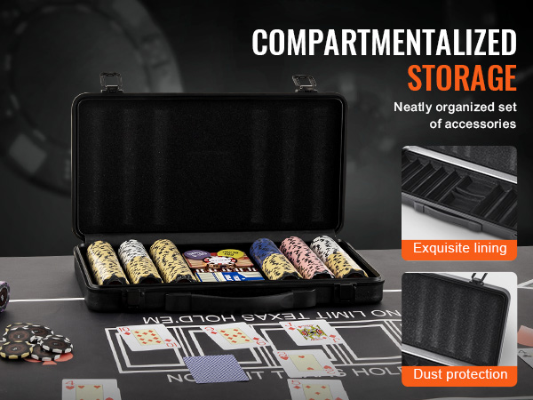 VEVOR poker chip set with compartmentalized storage, exquisite lining, and dust protection.