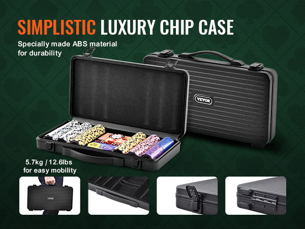 VEVOR poker chip set luxury abs case, featuring 12.6 lbs portable design for durability and easy mobility.