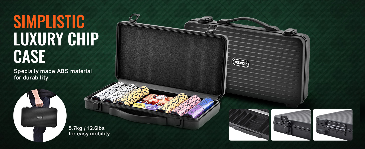 VEVOR poker chip set luxury abs case, featuring 12.6 lbs portable design for durability and easy mobility.