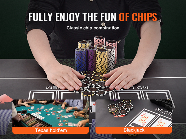person organizing VEVOR poker chip set on gaming table with cards, promoting texas hold'em and blackjack.