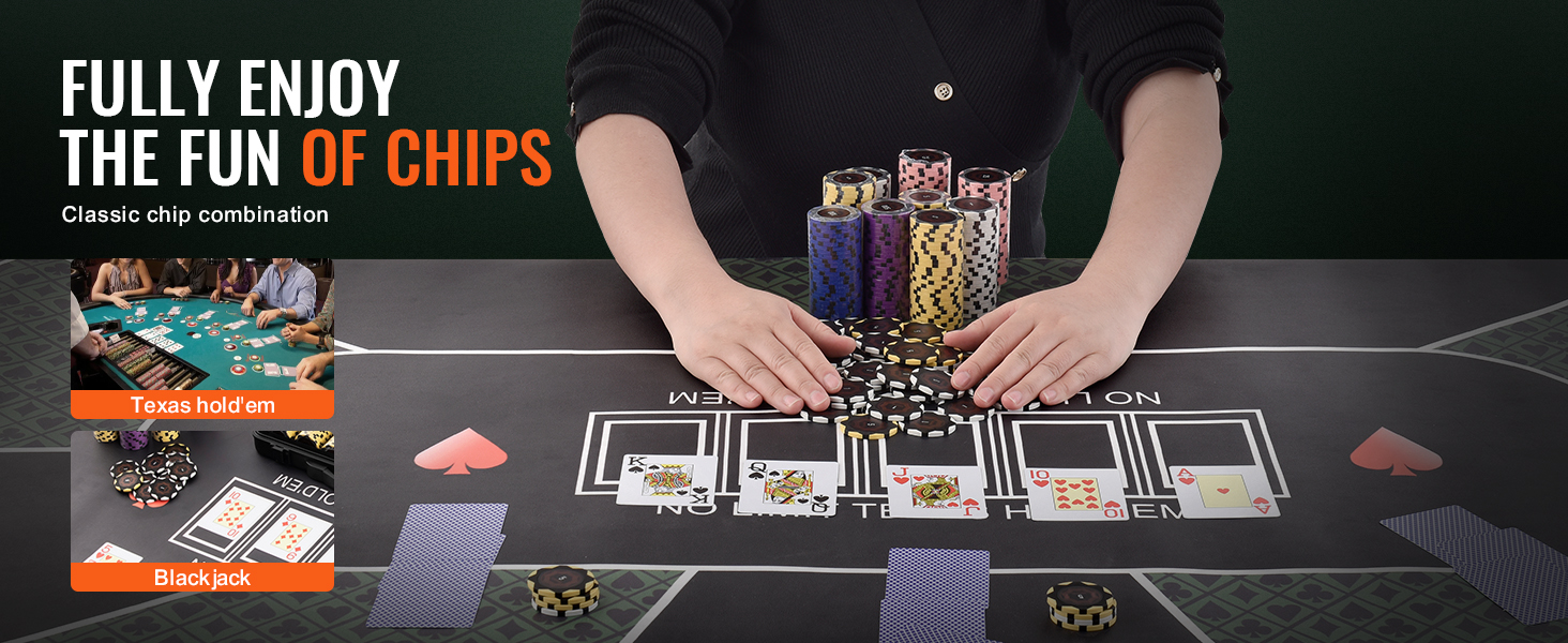person organizing VEVOR poker chip set on gaming table with cards, promoting texas hold'em and blackjack.