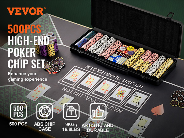 VEVOR pokera žetonu komplekts ar 500 augstas klases žetoniem un abs futrālīti uz Texas Hold'em galda.
