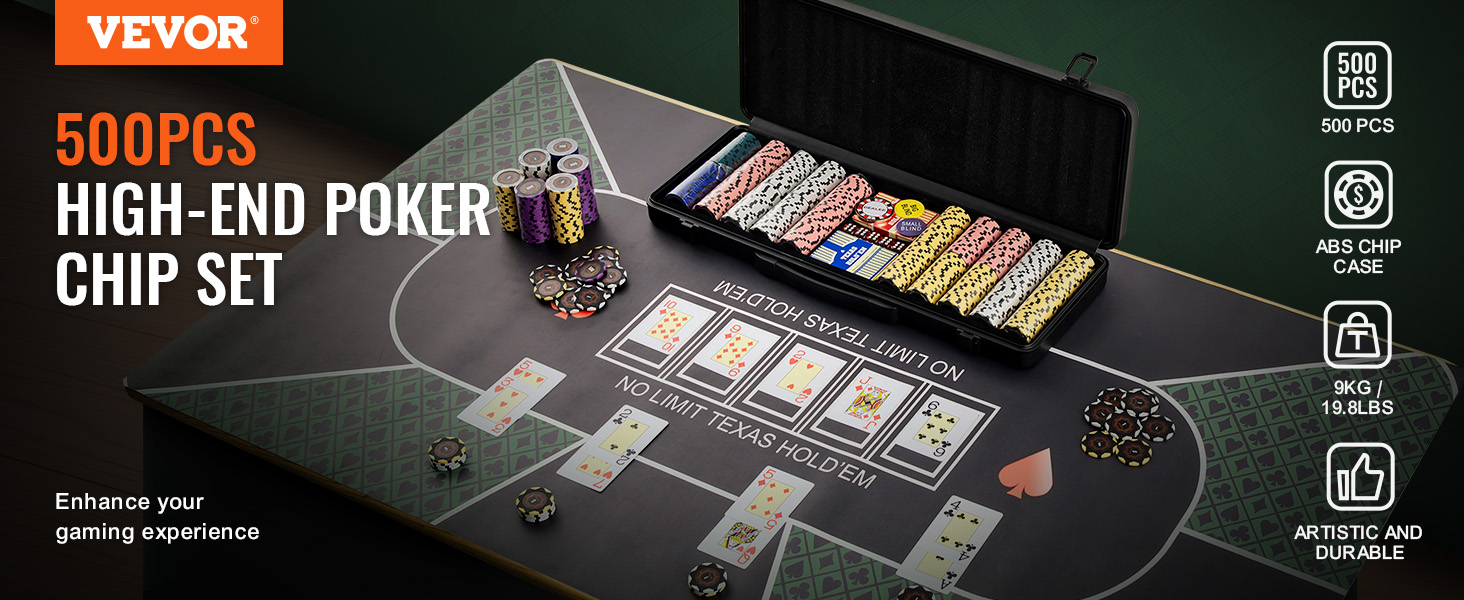 VEVOR pokera žetonu komplekts ar 500 augstas klases žetoniem un abs futrālīti uz Texas Hold'em galda.