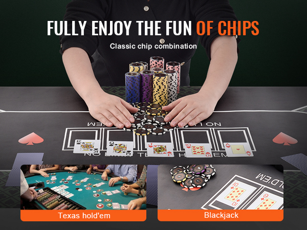persona spēlē kārtis ar VEVOR pokera žetonu komplektu uz zaļa galda, izmantojot klasisko Texas Hold'em un Blackjack.