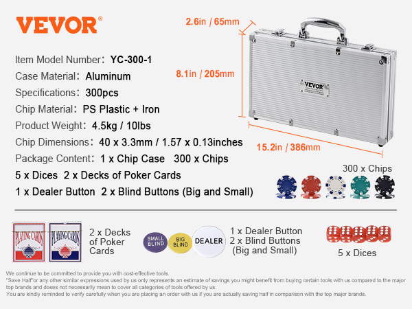 VEVOR poker chip set includes 300 chips, 5 dices, poker cards, and a dealer button in an aluminum case.