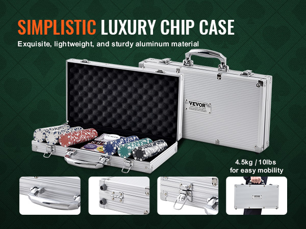 VEVOR poker chip set's aluminum case with organized chips and cards, showcasing sturdy and lightweight design.