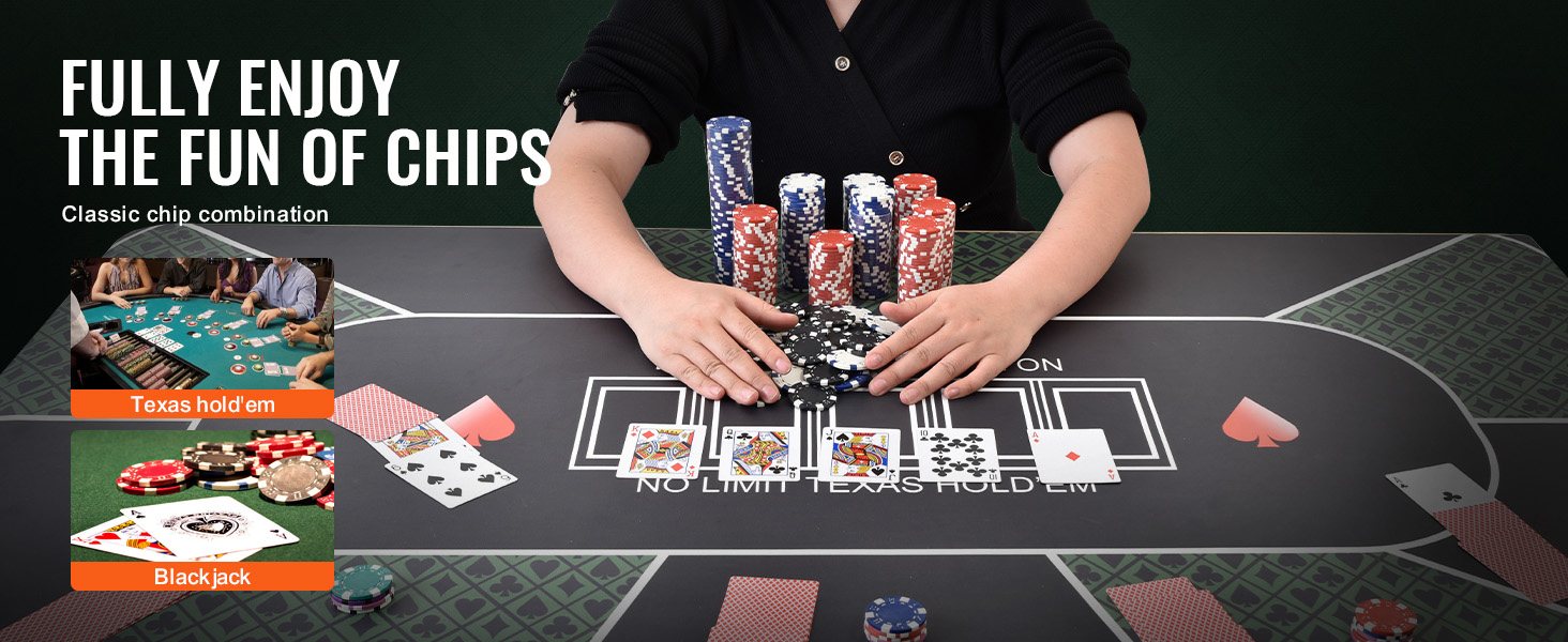 person handling poker chips and cards on table with texas hold'em and blackjack images, VEVOR poker chip set.